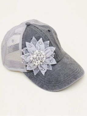 Embellished Flower Grey Mesh Trucker Hat